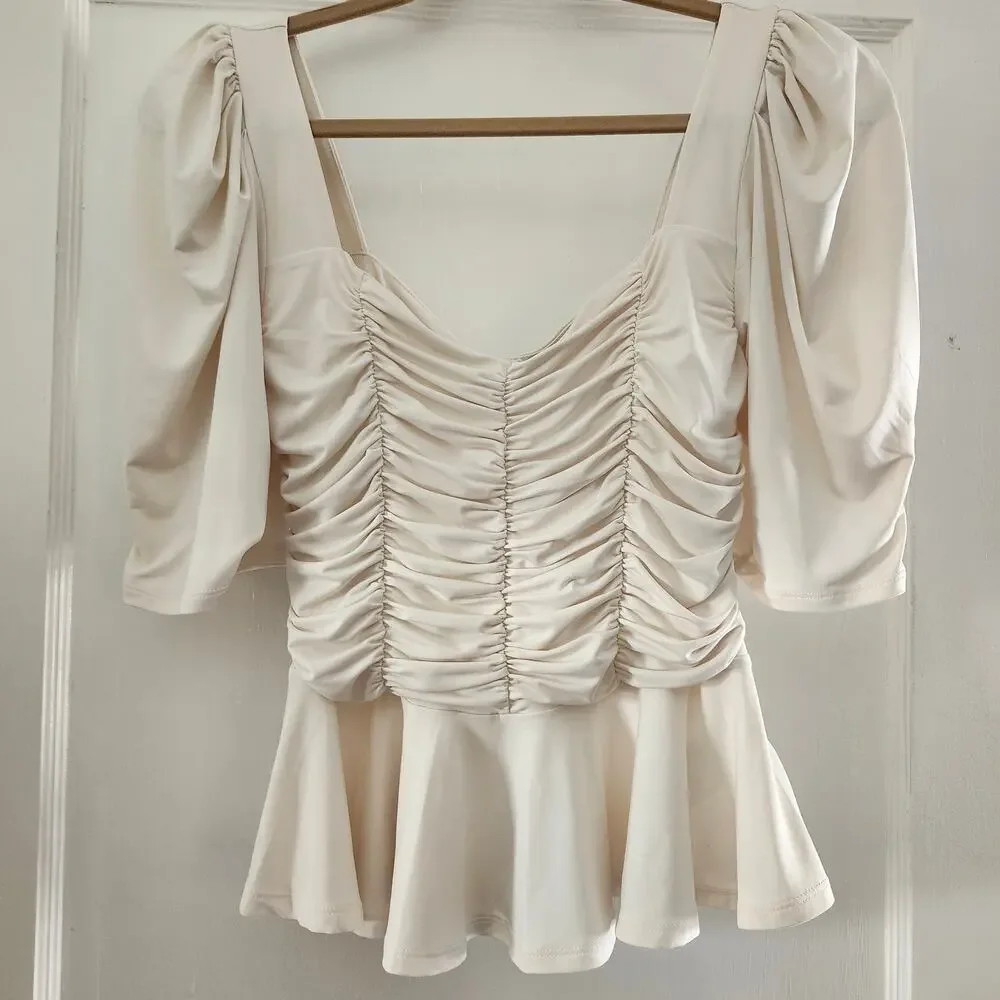 Express Ivory Ruched Puff-Sleeve Top with Peplum Size Small - Picture 1 of 10